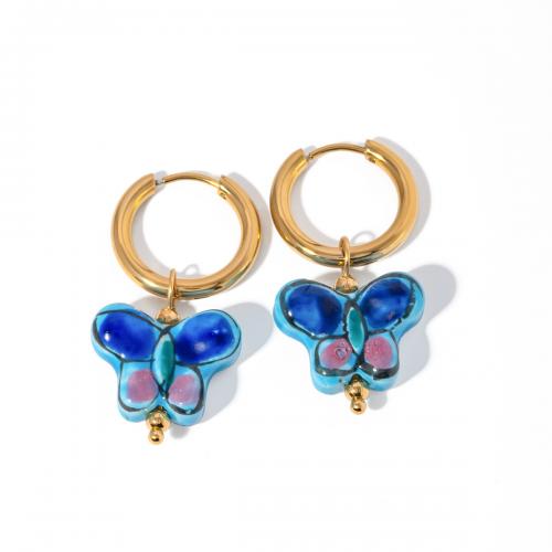 Boucles d'oreilles en acier titane, avec porcelaine, papillon, Placage ionique sous vide, bijoux de mode & pour femme, doré, 17.5mm, Vendu par paire