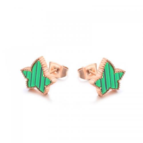 Boucles d'oreilles en acier titane, avec Malachite, étoile, Placage ionique sous vide, bijoux de mode & pour femme, vert, protéger l'environnement, sans nickel, plomb et cadmium, 10mm, Vendu par PC