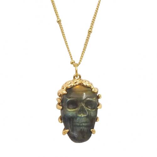 Brass Necklace, with Labradorite, with 2 inch extender chain, Skull, gold color plated, fashion jewelry & for woman Approx 18 Inch 