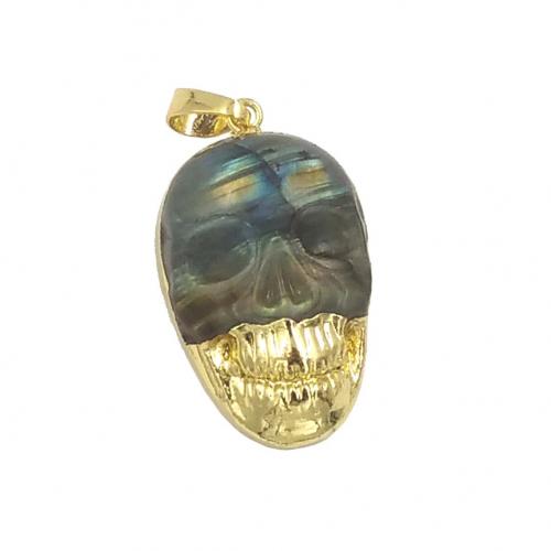 Labradorite Pendants, Brass, with Labradorite, Skull, gold color plated, DIY 