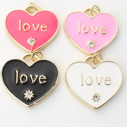 Enamel Brass Pendants, Heart, gold color plated, DIY & micro pave cubic zirconia 