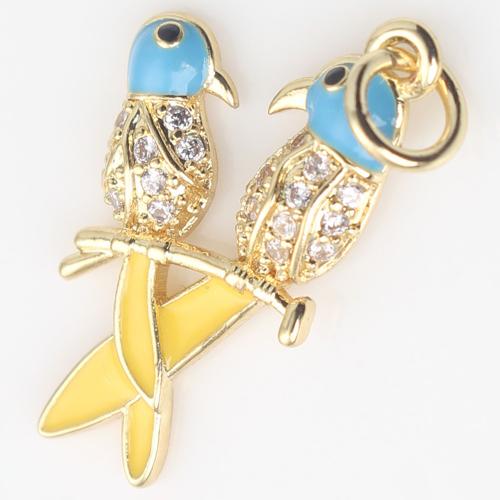 Enamel Brass Pendants, Bird, gold color plated, DIY & micro pave cubic zirconia, yellow 