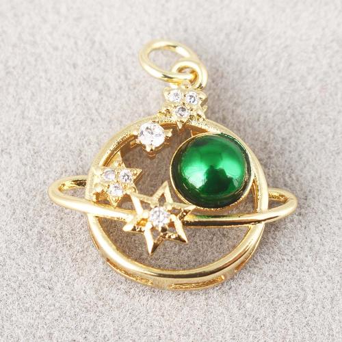 Cubic Zirconia Micro Pave Brass Pendant, with Resin, Round, gold color plated, DIY & micro pave cubic zirconia, green [