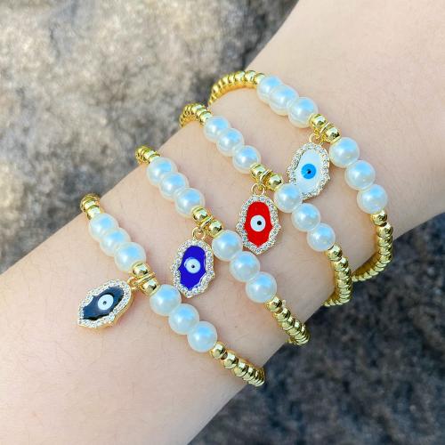 Evil Eye Jewelry Bracelet, Brass, with Plastic Pearl, plated, fashion jewelry & micro pave cubic zirconia & enamel The inner diameter of the bracelet is 55cm 