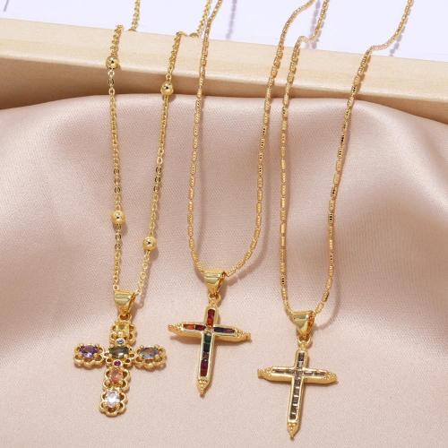 Cubic Zircon Micro Pave Brass Necklace, Cross, plated, fashion jewelry & micro pave cubic zirconia, golden [