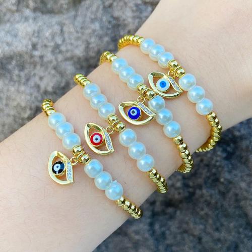 Evil Eye Jewelry Bracelet, Brass, with Plastic Pearl, plated, fashion jewelry & micro pave cubic zirconia & enamel 