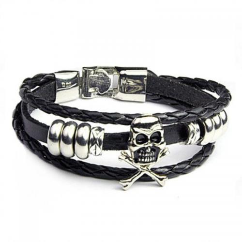 bracelet de cordon en PU , cuir PU, avec alliage de zinc, trois couches & bijoux de mode & pour homme, noire Environ 22 cm, Vendu par PC[