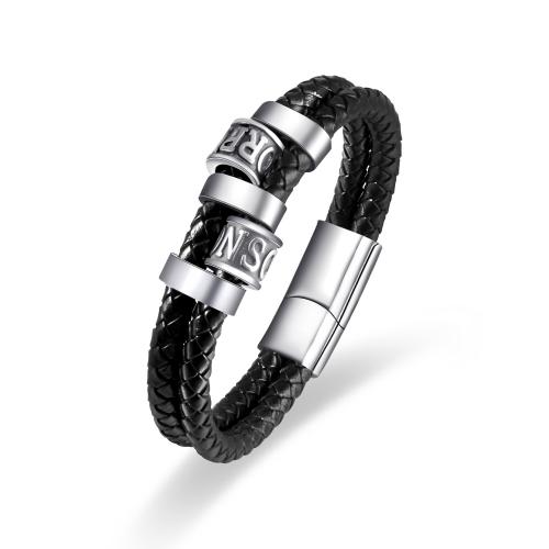 Bracelets de cuir de vachette, cuir de peau de vache, avec Acier inoxydable 304, Double couche & bijoux de mode & pour homme, argent Environ 21 cm, Vendu par PC[