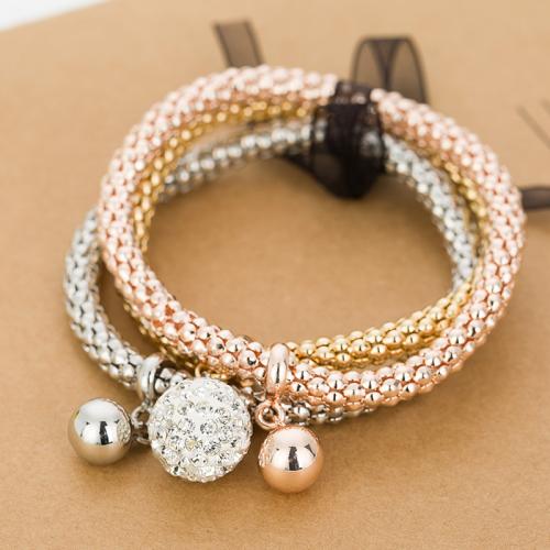 Zinc Alloy Rhinestone Bracelets, plated, three pieces & fashion jewelry & for woman & with rhinestone, mixed colors Approx 10.02 Inch [