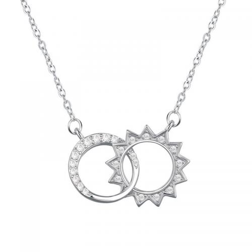 Argent sterling 925 collier, avec 1.2inch chaînes de rallonge, Plaqué de platine, Chaîne transversale & pavé de micro zircon & pour femme & creux Environ 16.5 pouce, Vendu par PC