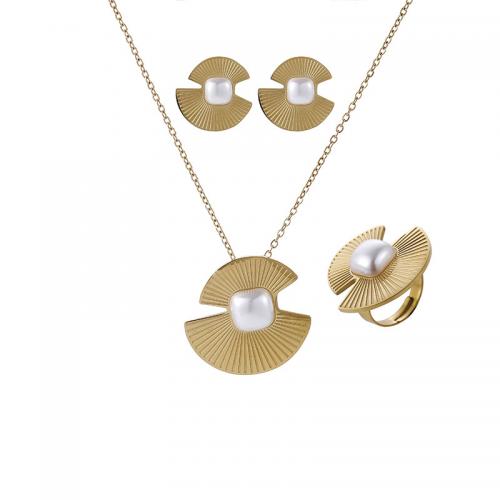 Titanio conjunto de joyas de acero, Partículas de acero, con Perlas plásticas, Recubrimiento iónico al vacío, Joyería & para mujer, dorado, longitud:aproximado 45 cm, Vendido por UD