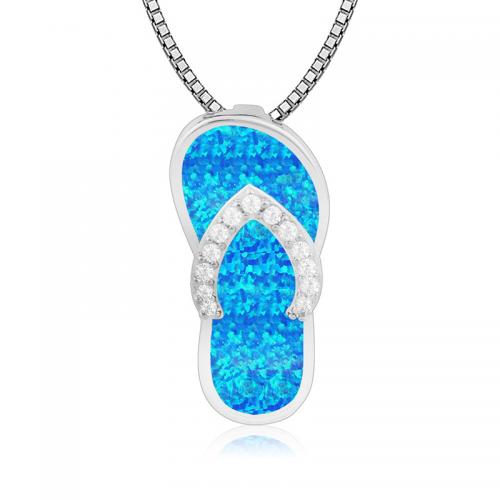 Collier en laiton strass, avec Opale, avec 5cm chaînes de rallonge, Pantoufle, Placage de couleur argentée, bijoux de mode & unisexe & avec strass, bleu Environ 45 cm, Vendu par PC[