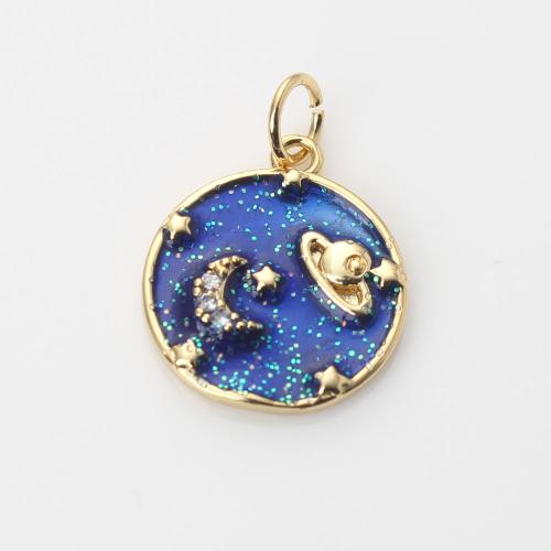 Enamel Brass Pendants, gold color plated, DIY & micro pave cubic zirconia, blue [