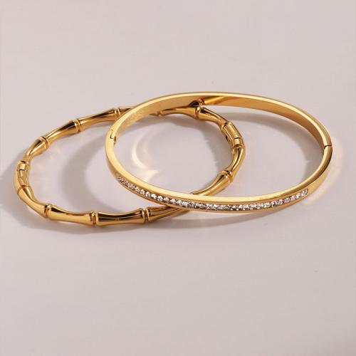 Stainless Steel Bangle, 304 Stainless Steel, plated, 2 pieces & Unisex & with rhinestone, golden [