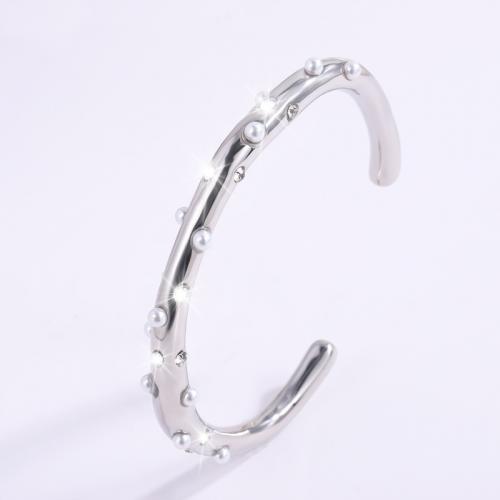 Stainless Steel Cuff Bangle, 304 Stainless Steel, with Plastic Pearl, plated, for woman & with rhinestone [