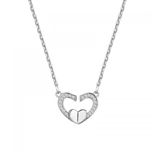 Argent sterling 925 collier, avec 1.2inch chaînes de rallonge, coeur, Plaqué de platine, pavé de micro zircon & pour femme & creux Environ 16.5 pouce, Vendu par PC