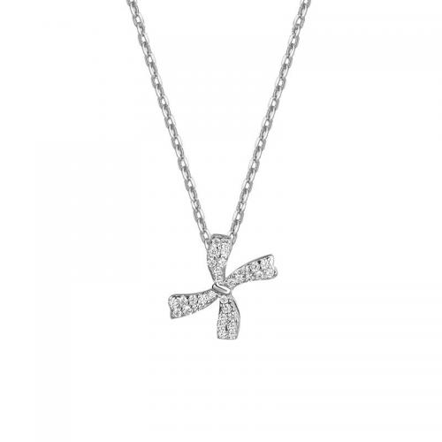 Argent sterling 925 collier, avec 1.2inch chaînes de rallonge, Noeud papillon, Plaqué de platine, Chaîne transversale & pavé de micro zircon & pour femme Environ 16.5 pouce, Vendu par PC