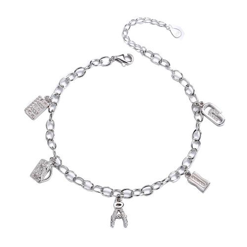 Plata de ley 925 Pulsera, con 1.2inch extender cadena, Carta del alfabeto, chapado en platina real, micro arcilla de zirconia cúbica & para mujer, longitud:aproximado 6.7 Inch, Vendido por UD[