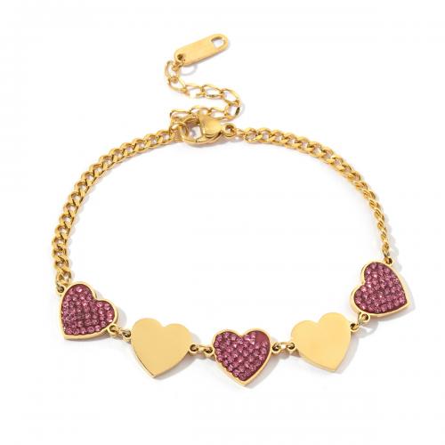 Titane bracelet en acier et bracelet, Acier titane, coeur, Placage ionique sous vide, bijoux de mode & pour femme & avec strass, violet Environ 18-23 cm, Vendu par PC