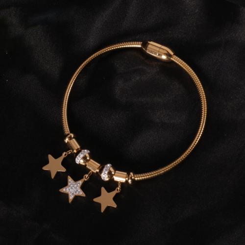 Europeo pulseras de acero inoxidable, acero inoxidable 304, Estrella, Recubrimiento iónico al vacío, Joyería & para mujer & con diamantes de imitación, más colores para la opción, longitud:aproximado 17 cm, Vendido por UD