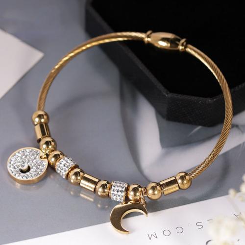 Europeo pulseras de acero inoxidable, acero inoxidable 304, Luna, Recubrimiento iónico al vacío, Joyería & para mujer & con diamantes de imitación, más colores para la opción, longitud:aproximado 17 cm, Vendido por UD