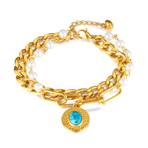 Stainless Steel Charm Bracelet, 316 Stainless Steel, with turquoise & Plastic Pearl, with 3.5CM extender chain, plated, for woman Approx 15 cm [