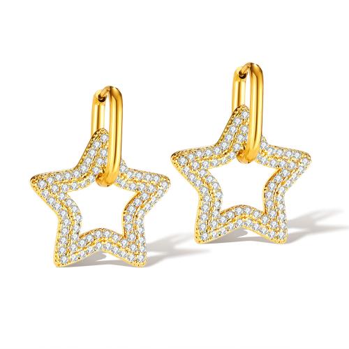 Boucles d'oreilles en laiton zircon cubique pavent, Acier inoxydable 316, avec laiton, étoile, Placage, pavé de micro zircon & pour femme, doré Vendu par paire[