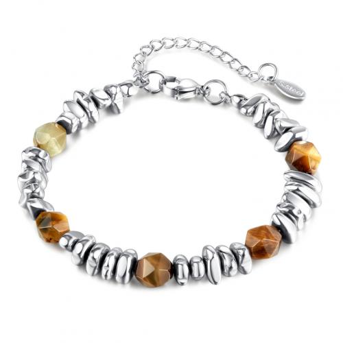 Pulseras de piedra del ojo del tigre, acero inoxidable 316, con Ojo de tigre, con 5CM extender cadena, chapado, para mujer, color de platina, longitud:aproximado 18 cm, Vendido por UD