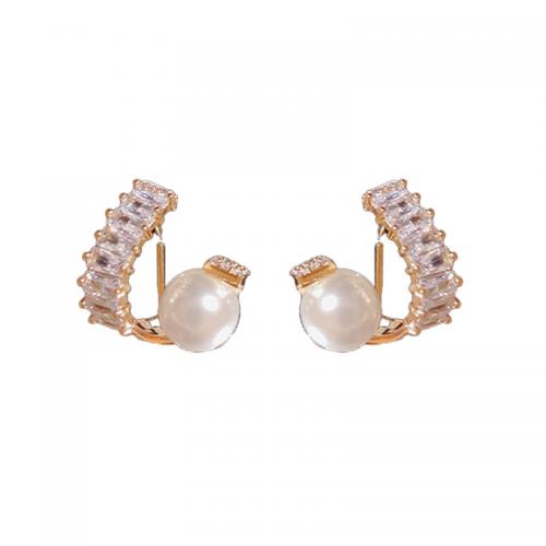 Brass Stud Earring, with Plastic Pearl, plated, micro pave cubic zirconia & for woman 