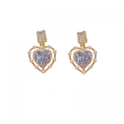 Brass Clip Earring, with Plastic Pearl, Heart, plated, micro pave cubic zirconia & for woman & hollow [