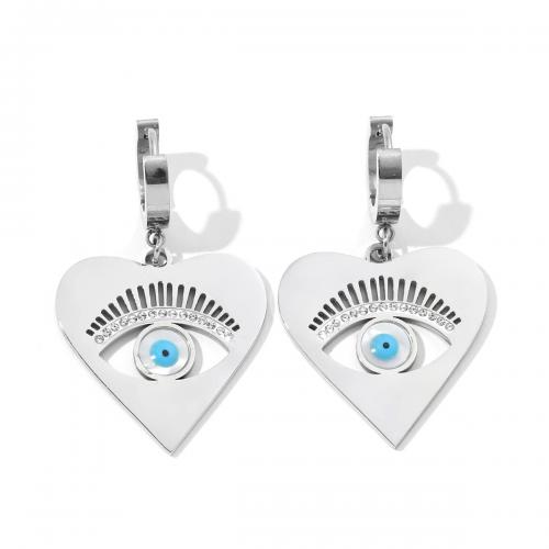 Pendientes de mal de ojo, Partículas de acero, con Acrílico, Corazón, Joyería & para mujer & esmalte & con diamantes de imitación, color original, 26x42mm, Vendido por Par