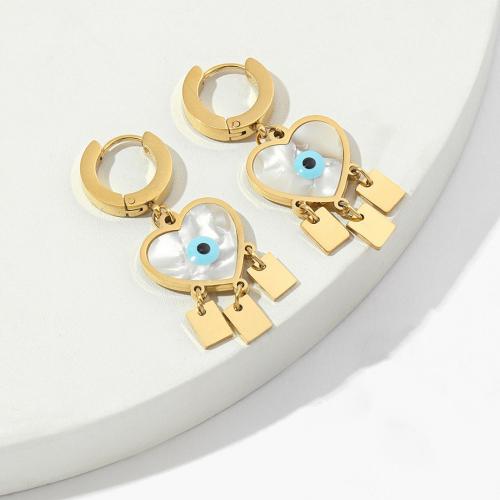 Pendientes de mal de ojo, Partículas de acero, con Acrílico, Corazón, Recubrimiento iónico al vacío, Joyería & para mujer & esmalte, dorado, 30x40mm, Vendido por Par