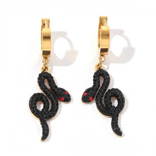 Boucles d'oreilles en acier titane, serpent, Placage ionique sous vide, bijoux de mode & pour femme & avec strass, noire Vendu par paire