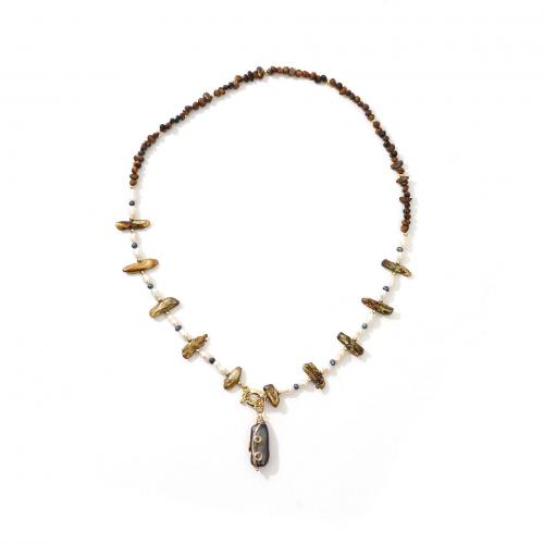 Brass Freshwater Pearl Jewelry Sets, with Tiger Eye & Freshwater Pearl, real gold plated, fashion jewelry & for woman [