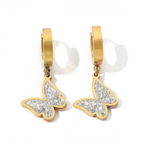 Boucles d'oreilles en acier titane, papillon, Placage ionique sous vide, bijoux de mode & pour femme & avec strass, blanc Vendu par paire