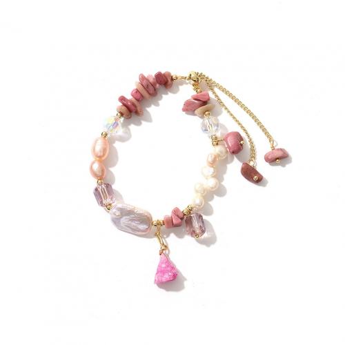 bracelet en laiton de perle d'eau douce cultivée, avec Rhodonite & perle d'eau douce cultivée, avec 5cm chaînes de rallonge, Plaqué d'or, bijoux de mode & pour femme, couleurs mélangées Environ 15 cm, Vendu par PC