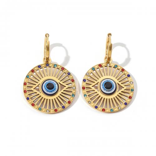 Pendientes de mal de ojo, Partículas de acero, Redondo aplanado, Recubrimiento iónico al vacío, Joyería & para mujer & esmalte & con diamantes de imitación & hueco, color mixto, 24x40mm, Vendido por Par