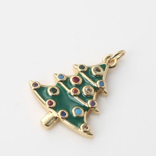 Cubic Zirconia Micro Pave Brass Pendant, Christmas Tree, gold color plated, DIY & micro pave cubic zirconia & enamel, green [