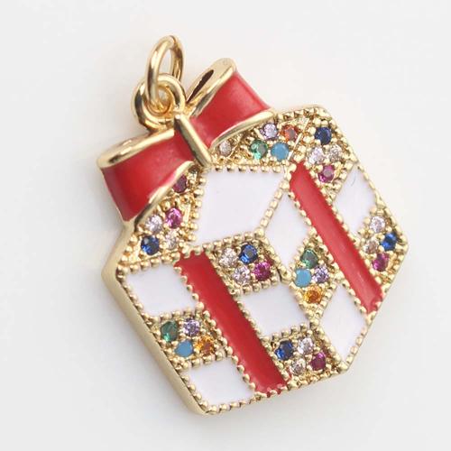 Cubic Zirconia Micro Pave Brass Pendant, gift shape, gold color plated, DIY & micro pave cubic zirconia & enamel, red [