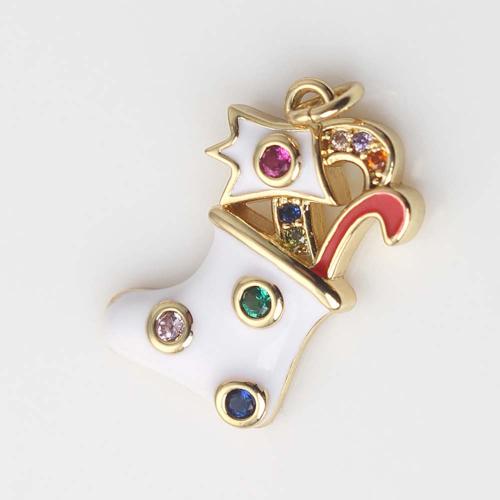 Cubic Zirconia Micro Pave Brass Pendant, Christmas Sock, gold color plated, DIY & micro pave cubic zirconia & enamel, white [