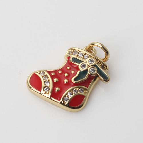 Cubic Zirconia Micro Pave Brass Pendant, Christmas Sock, gold color plated, DIY & micro pave cubic zirconia & enamel, red [