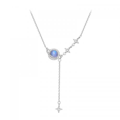 Cúbicos circón Micro pavimenta collar de plata Esterlinas, plata de ley 925, con Piedra lunar, con 6CM extender cadena, chapado, micro arcilla de zirconia cúbica & para mujer, plateado, longitud:aproximado 41 cm, Vendido por UD[