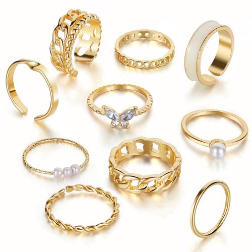 Zinc Alloy Ring Set, with Crystal & Plastic Pearl, gold color plated & for woman & hollow [