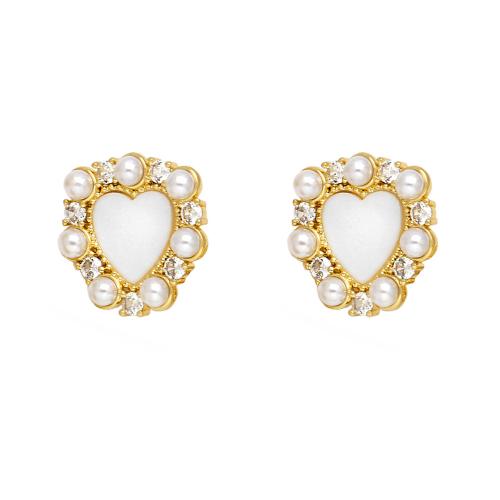 Cubic Zirconia Micro Pave Brass Earring, with Plastic Pearl, Heart, plated, fashion jewelry & micro pave cubic zirconia, golden [