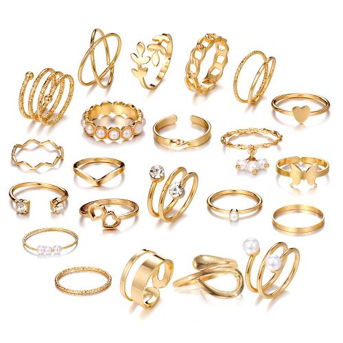 Zinc Alloy Ring Set, with Plastic Pearl, gold color plated, for woman & with rhinestone [