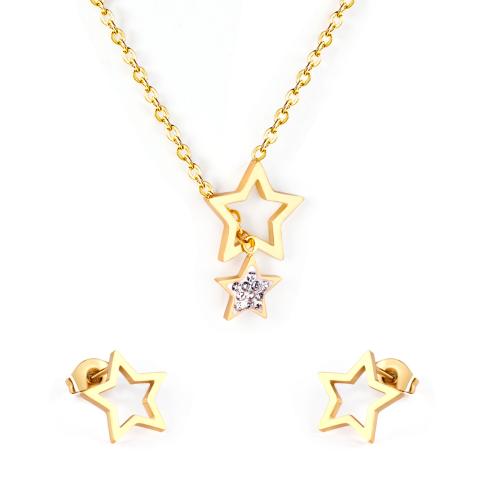 304 Stainless Steel Jewelry Set, Stud Earring & necklace, Star, plated, for woman & with rhinestone & hollow Approx 17.7 Inch [