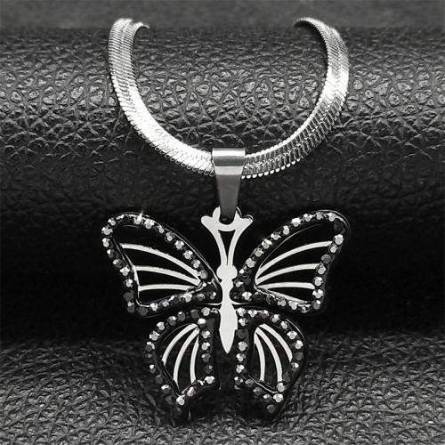 Edelstahl Schmuck Halskette, 304 Edelstahl, mit Verlängerungskettchen von 10cm, Schmetterling, poliert, Modeschmuck & unisex & mit Strass, Silberfarbe, 26x30mm, Länge:ca. 40 cm, verkauft von PC