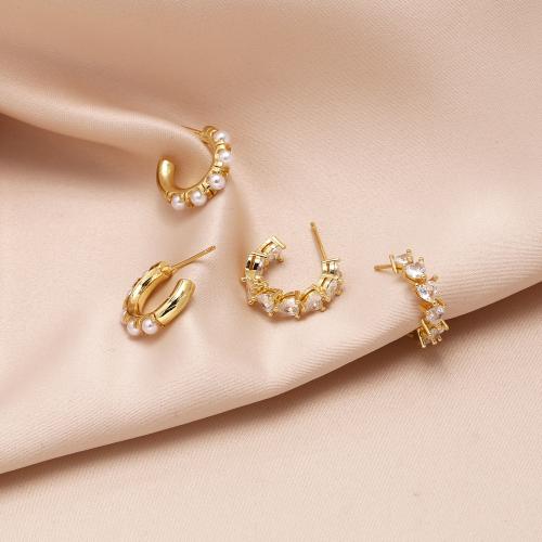 Cubic Zirconia Micro Pave Brass Earring, with Plastic Pearl, plated, fashion jewelry & micro pave cubic zirconia, golden 