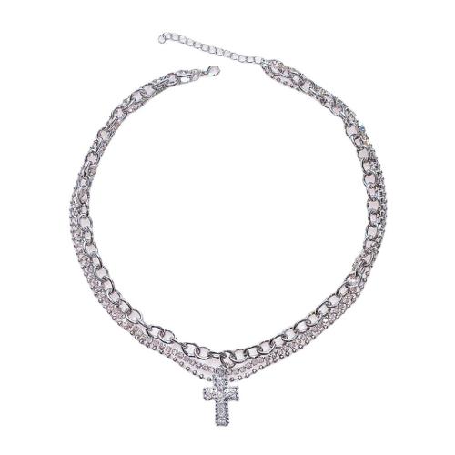 collier de Stras en alliage Zinc, alliage de zinc, avec chaîne en laiton, avec 6cm chaînes de rallonge, Placage de couleur argentée, bijoux de mode & pour femme & avec strass Environ 40 cm, Environ 42 cm, Vendu par PC[