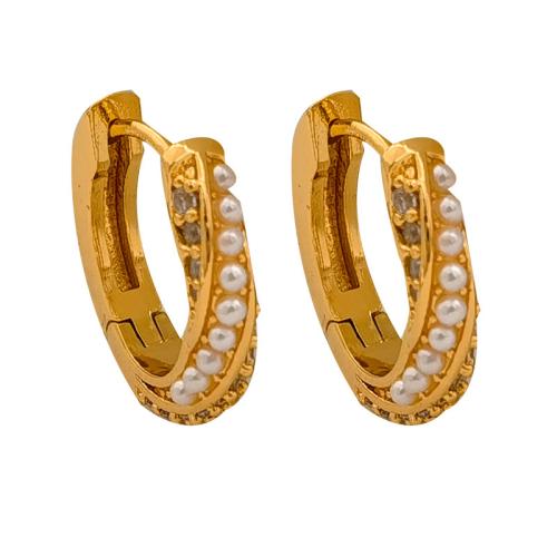 Cubic Zirconia Micro Pave Brass Earring, with Plastic Pearl, real gold plated, fashion jewelry & micro pave cubic zirconia & for woman, golden [